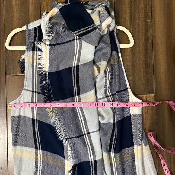 Plaid Open Front Shawl Navy White Plaid Frayed Hem Cardigan Fall Winter Y2K - Picture 6 of 8